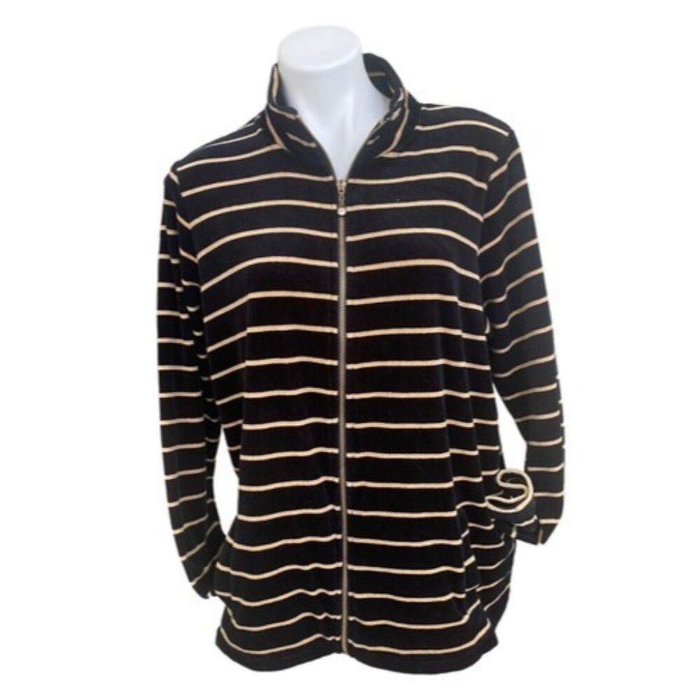 Quacker Factory Size LARGE Black & Gold Stripe Velour Zip Up Jacket *2H